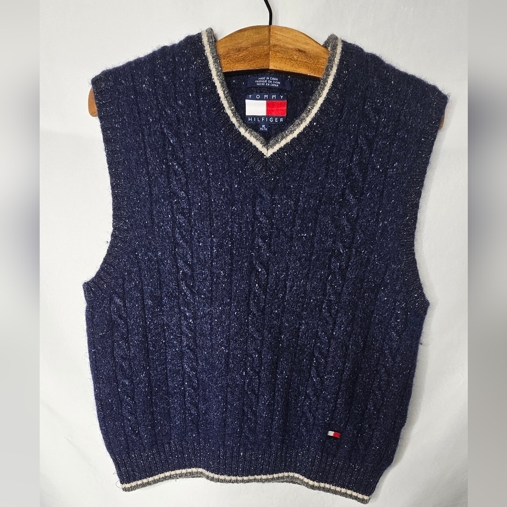 Vtg Tommy Hilfiger Sweater Vest Men XL Wool Blend Blue Braid Knit Y2K Old Money